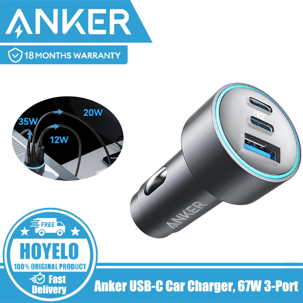 Anker อะแดปเตอร์ชาร์จ USB-C 67W 3 พอร์ต ชาร์จเร็ว พร้อม PIQ 3 สําหรับรถยนต์
