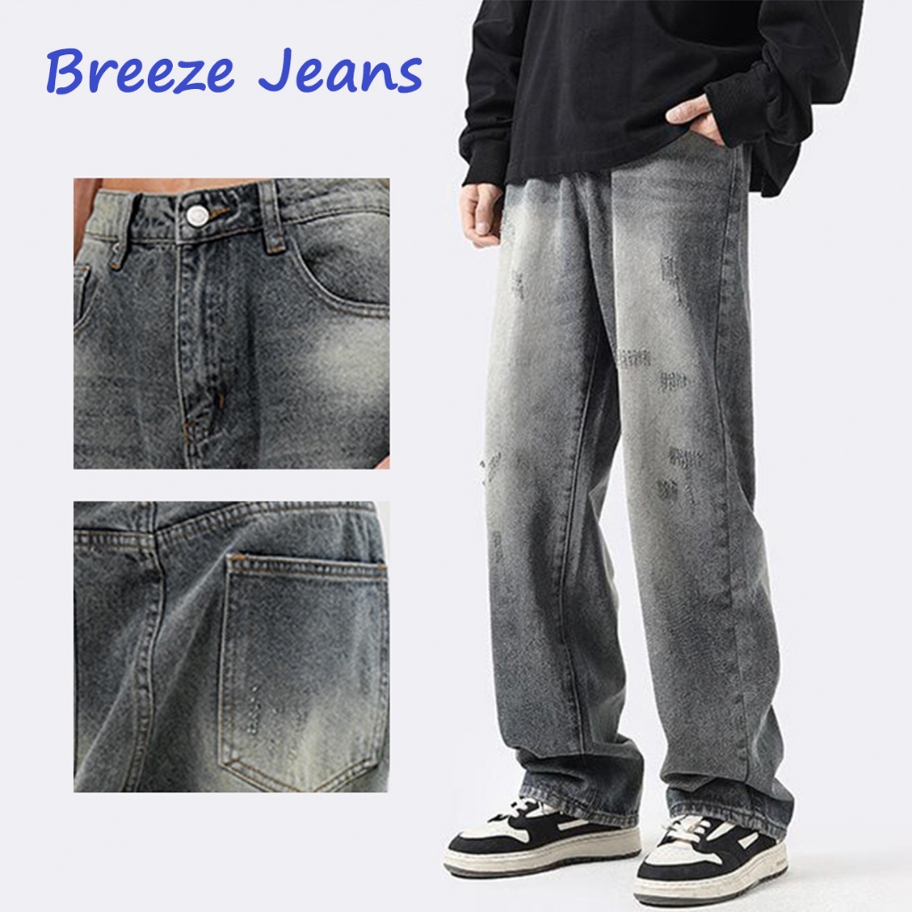 กางเกงยีนส์ผู้ชาย ขายาว ยีนส์ขากระบอกใหญ่ baggy jeans สไตล์เกาหลี วินเทจ ขาตรง ทรงกว้าง หลุมแตก ทรงกระบอกเอวสูง ใส่สบาย คุณภาพดี สไตล์วินเทจ แฟชั่น สะดุดตา Straight สีเทาดำ ไซส์ใหญ่