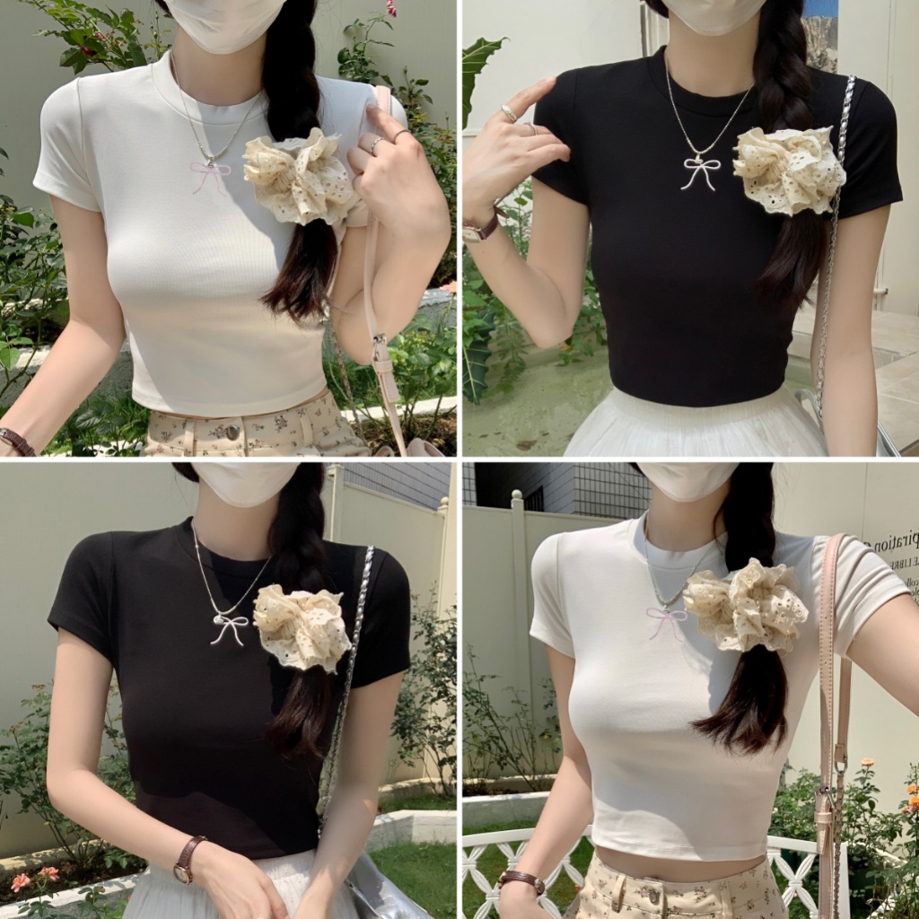 Betty house พร้อมส่ง เสื้อยืดสวยๆผู้หญิง เสื้อครอปแฟชั่น y2k คอกลมแขนสั้น พิมพ์โบว์ ดีไซน์เก๋ไก้สั้น