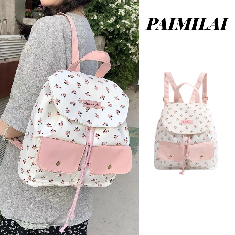 Paimilai กระเป๋าเป้สะพายหลังผ้าใบลายดอกไม้สีชมพูสาวน่ารักมูลค่าสูงกระเป๋าเป้สะพายหลังลําลองความจุขนาดใหญ่ใหม่