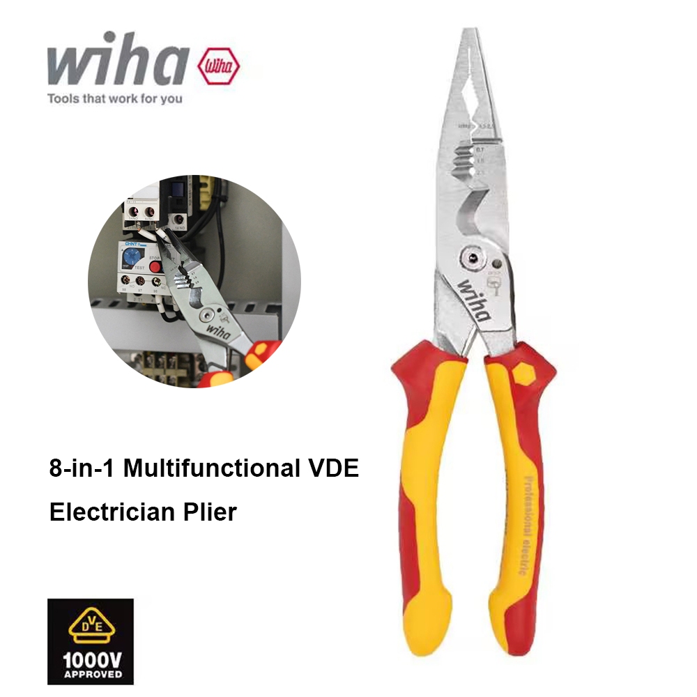 Wiha 45489 8-in-1 มัลติฟังก์ชั่น VDE ฉนวนช่างไฟฟ้า Plier สําหรับหนีบกระชับดัดตัด Crimping Stripping 