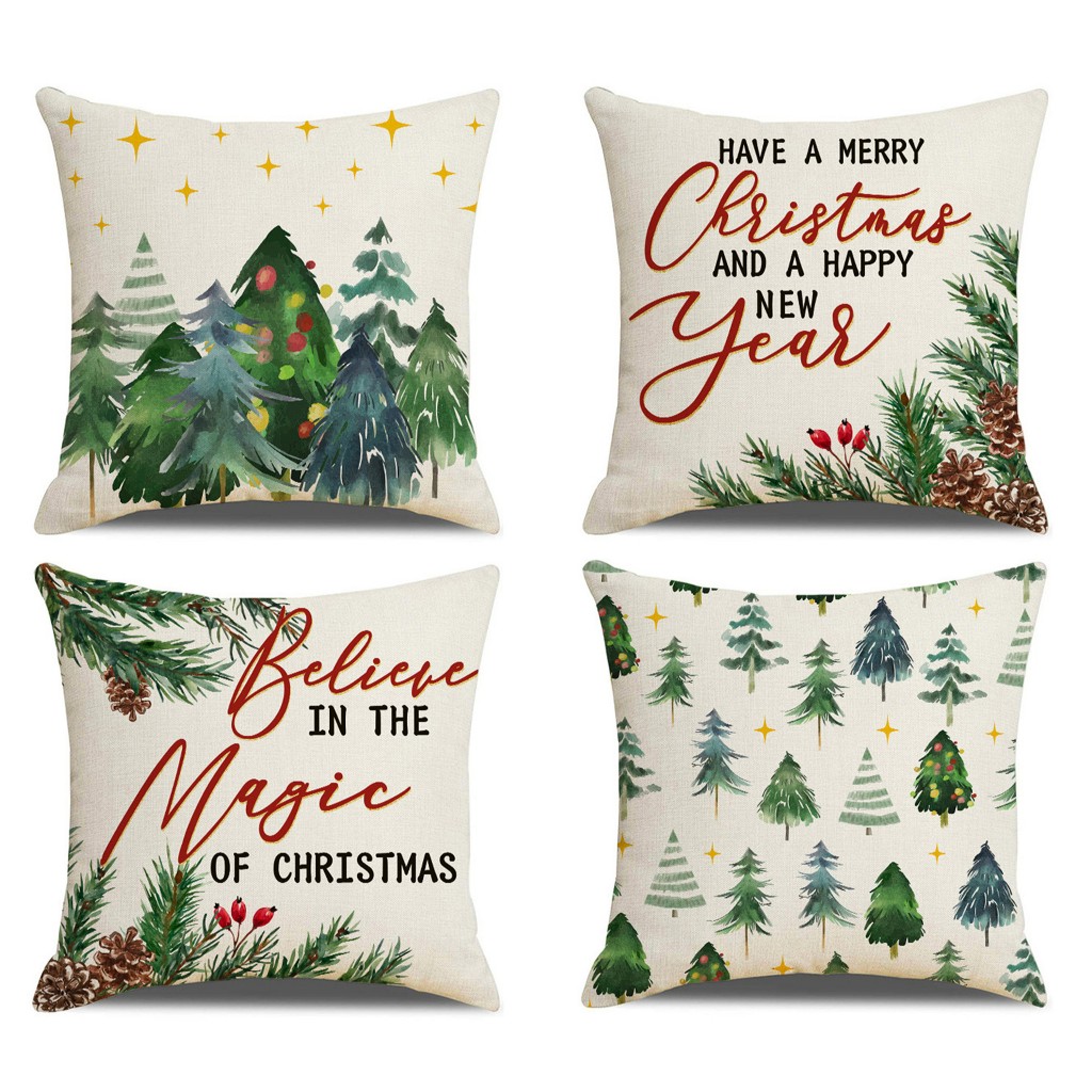 Green christmas tree ปลอกหมอนผ้าลินิน 7070.6565.6060.5050.45 45.4040.ปลอกหมอนอิงโซฟาหน้าแรกตกแต่งคริสต์มาสของขวัญ