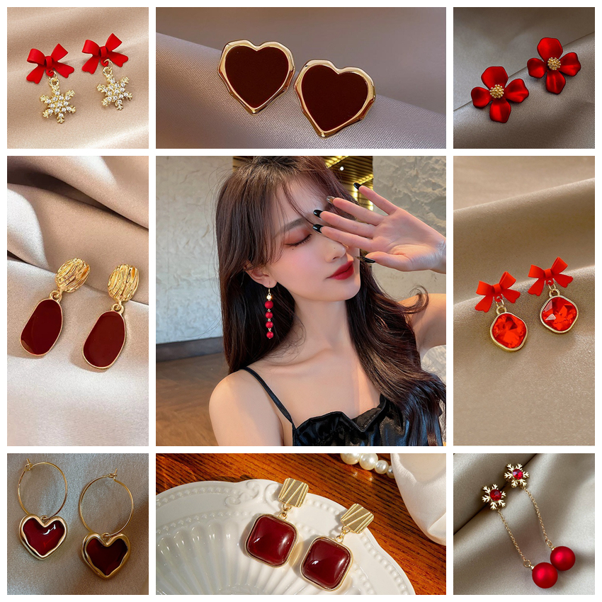 925 Silver Pin ต่างหูคริสต์มาสสีแดงอุปกรณ์เสริมดอกไม้ Pearl Series ต่างหูเครื่องประดับ Xmas ตกแต่ง