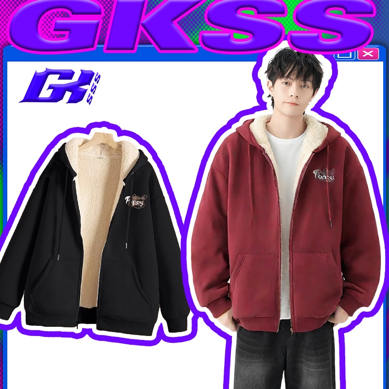 Gksss เสื้อแจ็คเก็ตมีฮู้ดผู้ชายบุขนหนาฤดูหนาว Lambskin สไตล์เกาหลีหลวมด้านบน