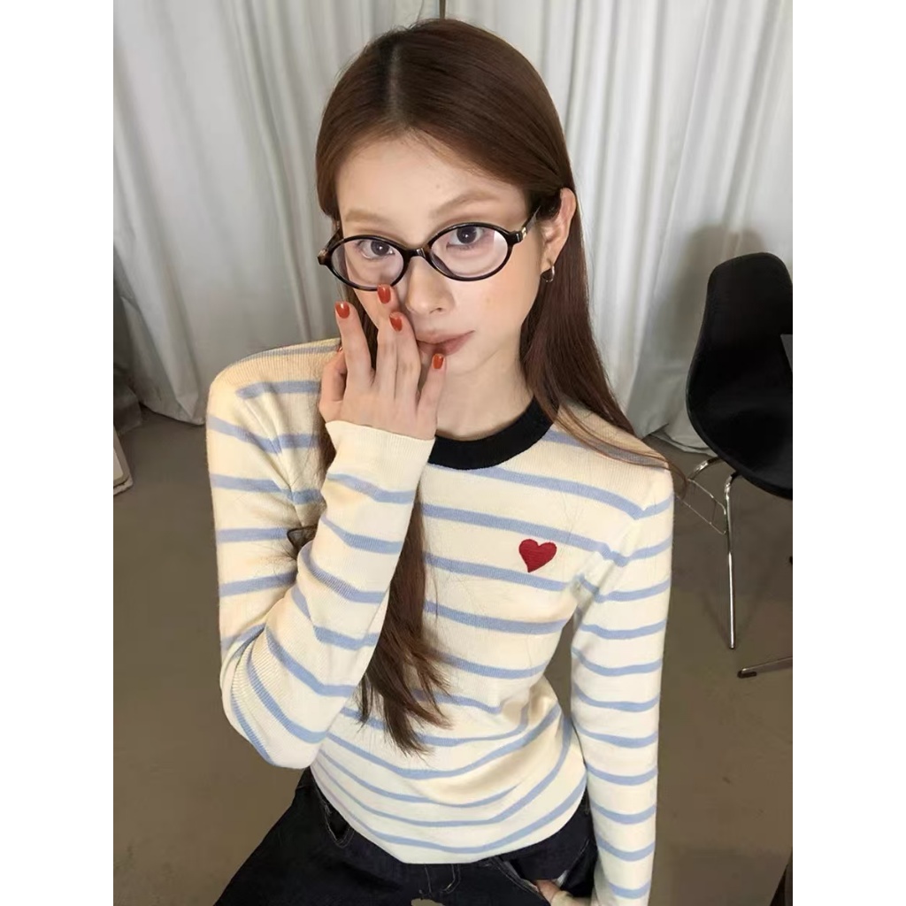 NZN เสื้อกันหนาวแบบสวมหัวสไตล์เกาหลี ผ้าถักคอกลมแขนยาวลายทางวินเทจพรีเมี่ยม