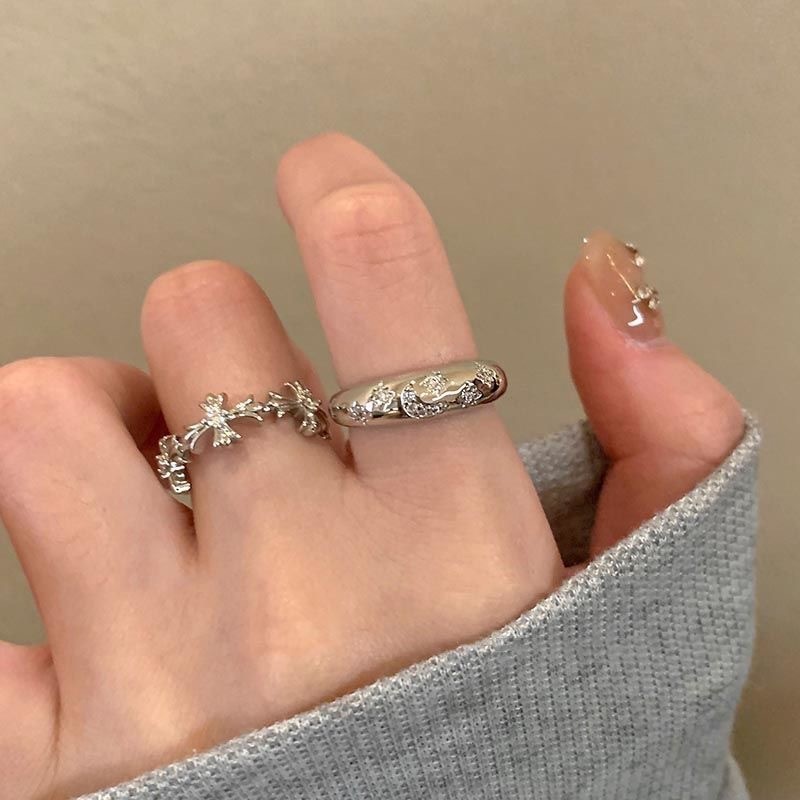 แฟชั่น Simple Star Moon ปรับแหวน Rhinestone ดอกไม้แหวนผู้หญิงเครื่องประดับของขวัญ s925 เงิน