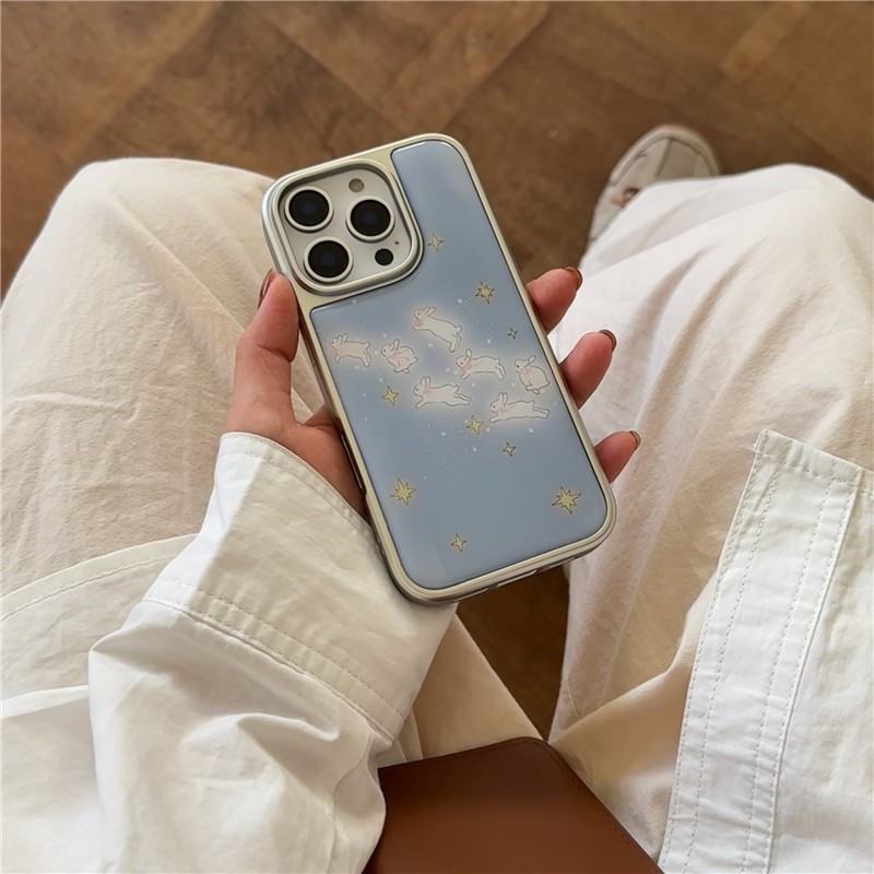 เคสโทรศัพท์ iPhone 16 Pro max 15 Pro max ขอบชุบไฟฟ้า เคสโทรศัพท์วัสดุกาวลายกระต่ายดาว