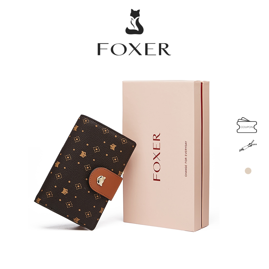 FOXER ที่ใส่บัตรมัลติฟังก์ชั่นที่ทันสมัย กระเป๋าสตางค์ใบสั้นของผู้หญิง กระเป๋าสตางค์พับซิปพิมพ์