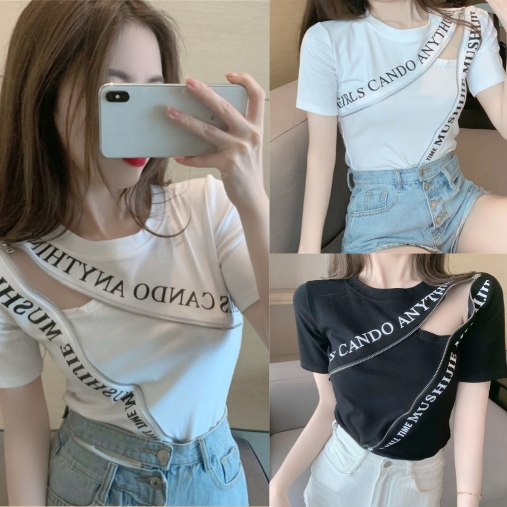 Bella Shop 2024 สไตล์ใหม่ ดีไซน์ซิปกลวงแบบเฉพาะตัว เสื้อยืดทรงหลวมสำหรับผู้หญิง แขนสั้นเข้ารูป เสื้อตัวบนเซ็กซี่
