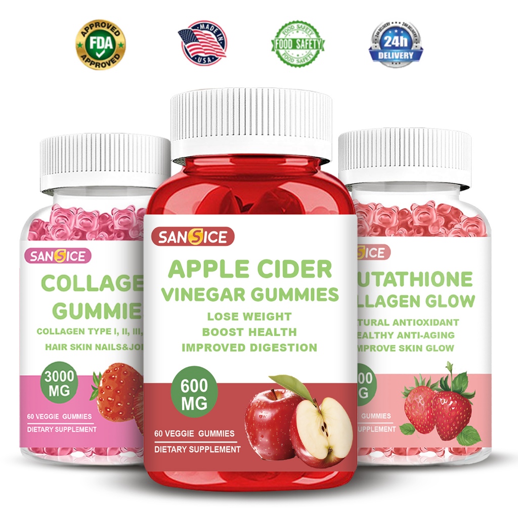 SANSICE Glutathione Collagen Glow,น้ําส้มสายชูหมักของ Apple,Collagen Gummies, 60gummies
