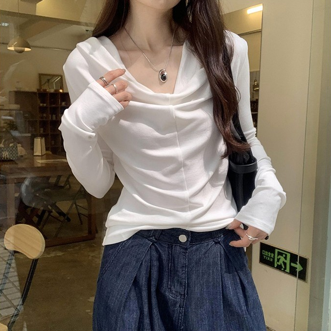 80100 สีทึบแบนคอที่ไม่มีสายหนังสลิมฟิตเสื้อยืดแขนยาว