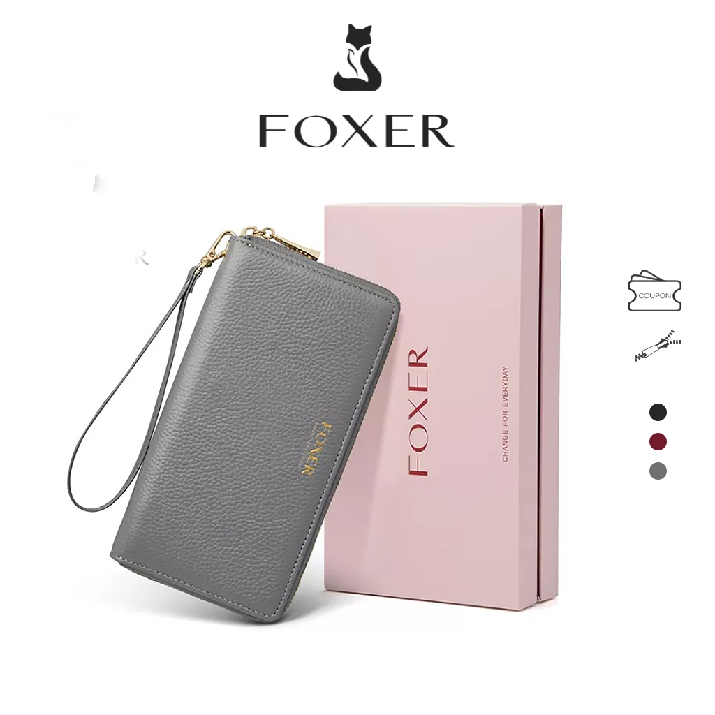 FOXER กระเป๋าสตางค์ใบยาวหนังแท้สำหรับผู้หญิงพร้อมสายคล้องข้อมือสำหรับใส่บัตรเครดิต กระเป๋าใส่โทรศัพท์มือถือ