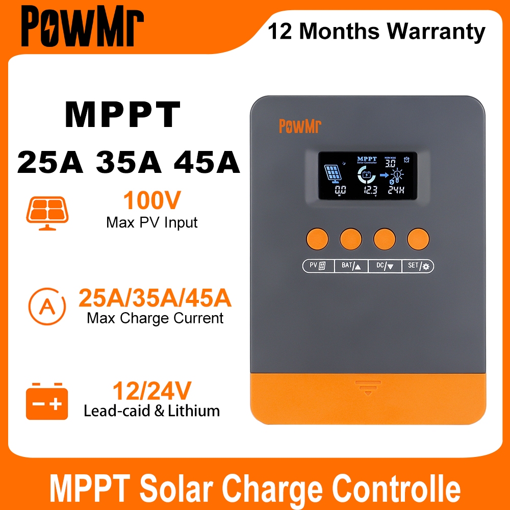 【ใหม่】PowMr 25A 35A 45A MPPT ตัวควบคุมเครื่องชาร์จพลังงานแสงอาทิตย์ 12V 24V ตัวควบคุมแผงโซลาร์เซลล์จอแสดงผล LCD โหมดควบคุมโหลดต่างๆรองรับแบตเตอรี่ลิเธียม