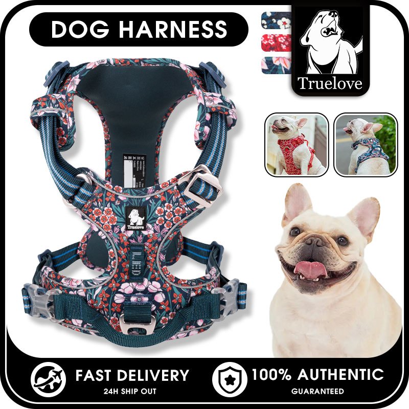 TRUELOVE ไนล่อนด้านหน้าสายรัดสุนัขดอกไม้ผ้าฝ้ายไม่ดึงนุ่มปรับสายรัดสัตว์เลี้ยงสะท้อนแสงสําหรับสุนัขขนาดใหญ่ขนาดกลางขนาดเล็กวิ่งการฝึก