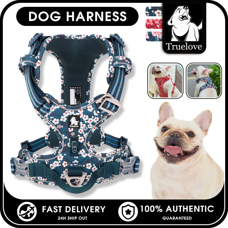 TRUELOVE ไนล่อนด้านหน้าสายรัดสุนัขดอกไม้ผ้าฝ้ายไม่ดึงนุ่มปรับสายรัดสัตว์เลี้ยงสะท้อนแสงสําหรับสุนัขขนาดใหญ่ขนาดกลางขนาดเล็กวิ่งการฝึก