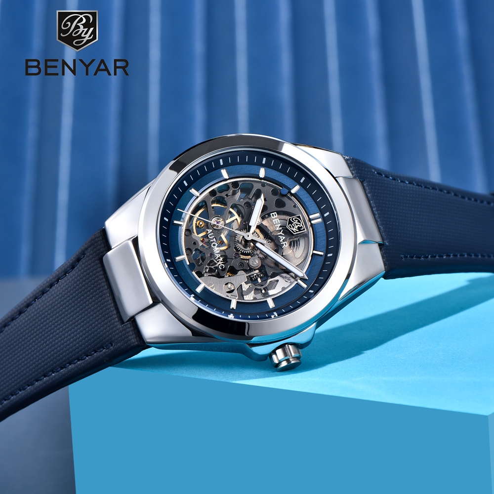 Benyar นาฬิกา Man Original 100% อัตโนมัติ 42 มม.สายหนังส่องสว่างกีฬานาฬิกาผู้ชายกันน้ําสําหรับชาย BY-5207