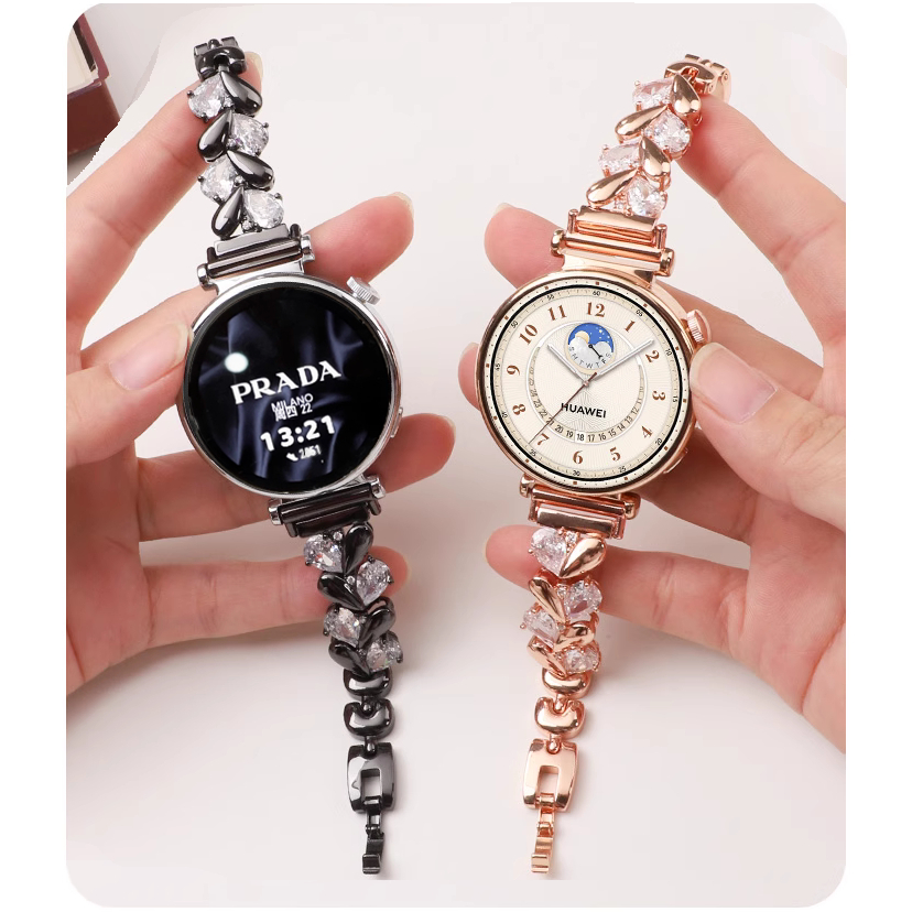 Bling Love Diamond 18mm 20mm 22mm สาย Huawei watch GT 5 Strap Huawei watch GT5 Pro Strap สาย huawei gt5 strap GT2/GT3/ GT4/GT5 PRO Huawei watch GT 4 สาย Redmi watch 5 Lite / Redmi watch 5 Active Strap / Amazfit bip 5 / GTS4 mini สาย Amazfit active Strap