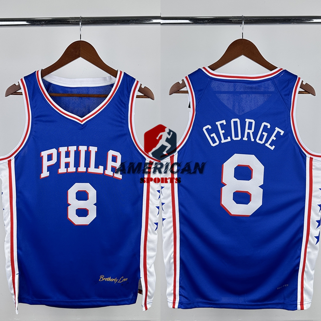 2024-25 Hot Pressed Mens Jersey 8 Philadelphia 76ers Paul George Blue Basketball Player Jersey