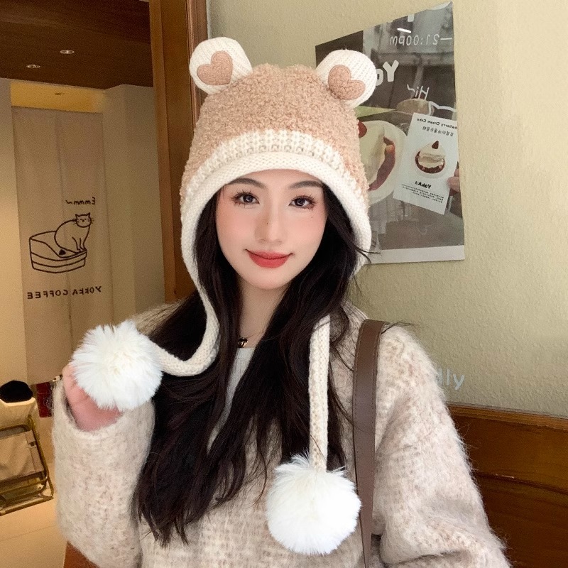 วหมวกฤดูหนาวผู้หญิงหูตุ๊กตาอบอุ่นน่ารักถักหมวกแฟชั่นป้องกันหูหัวหมวกฤดูใบไม้ร่วงฤดูหนาวหมวกขนสัตว์