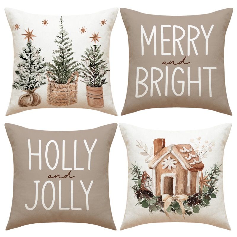 สีเบจ Merry Holly ปลอกหมอนบ้านต้นคริสต์มาส ผ้าลินิน 7070.6060.5050.4545.4040.ปลอกหมอนอิงโซฟาหน้าแรกตกแต่งคริสต์มาสของขวัญ