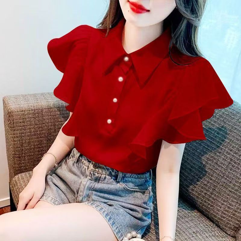 ใบบัวปกเสื้อผู้หญิงฤดูร้อนแฟชั่นใหม่เสื้อแขนสั้น