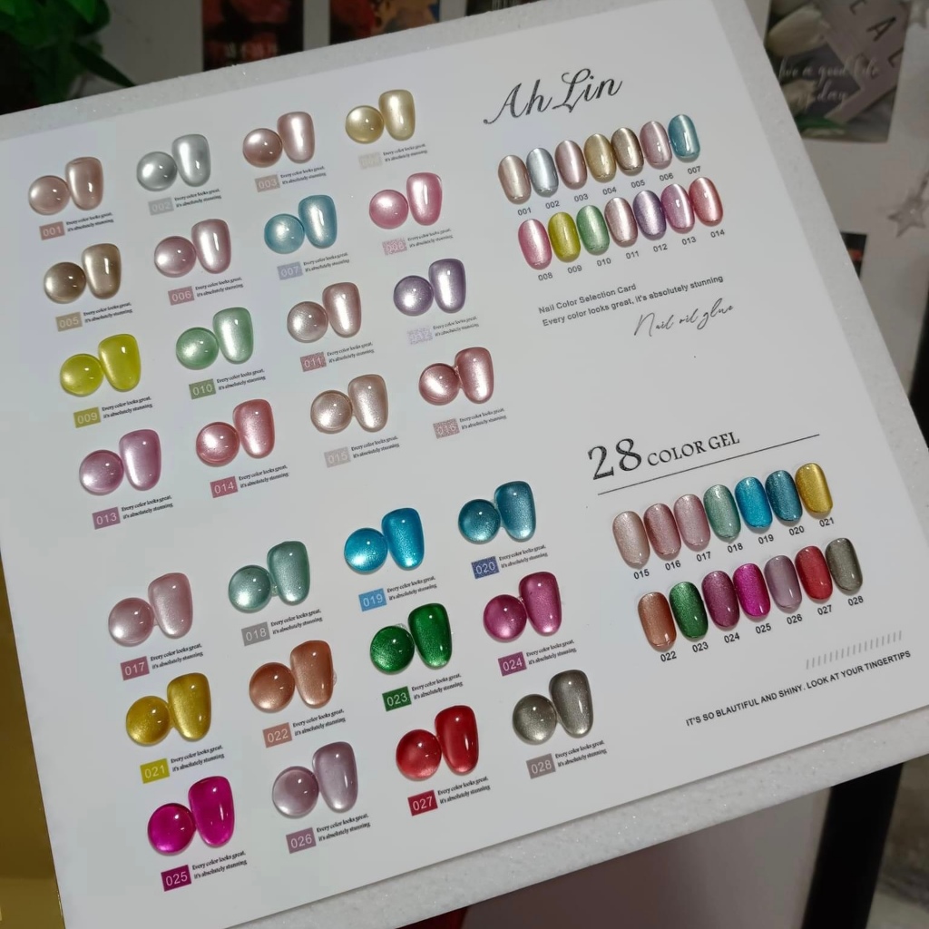 AhLin 28สี สีเจลแคทอาย สีลูกแก้ว ป็นเนื้อซาติน  แถมชาร์ทอะคริลิคสำเร็จรูป แม่เหล็ก เอฟเฟกต์มันเงามาก