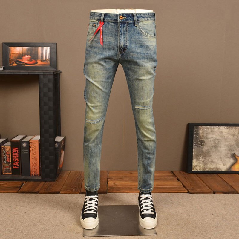 กางเกงยีนส์ Vintage Man คุณภาพสูงBlue Slim Fitการออกแบบแพทช์ยืดหยุ่นกางเกงยีนส์ Vintage Man แฟชั่น