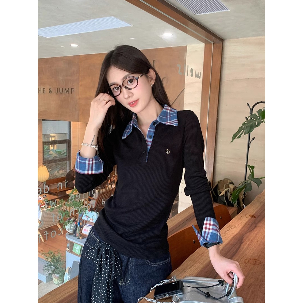 NZN เสื้อสเวตเตอร์แขนยาวสองชิ้นคอปกโปโลลายทางสีตัดกันเหมาะสําหรับผู้หญิงอารมณ์ต้นฤดูใบไม้ร่วงสลิม @-