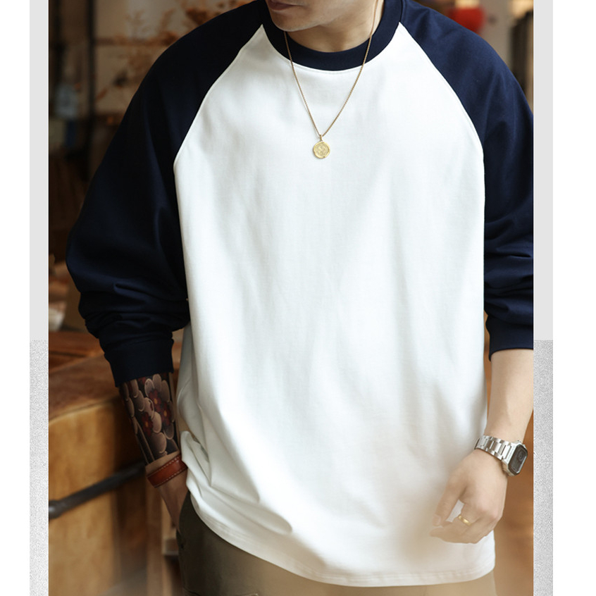 ผ้าฝ้ายแท้หนัก 300ก สไตล์ญี่ปุ่นความคมชัดสี แร็กแลน แขนยาวเสื้อยืดผู้ชายหลวมรุ่นพื้นฐาน ย้อนยุค จุดต่ําสุด เสื้อฤดูใบไม้ร่ - รูปที่ 4