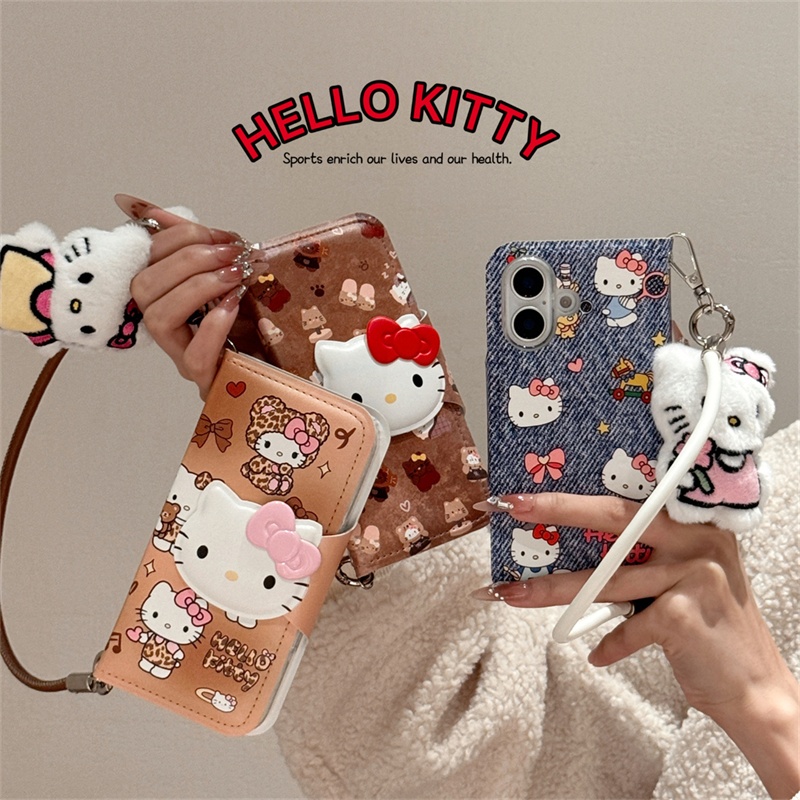 เคสโทรศัพท์ Apple iPhone 16 pro max Apple 15 14 13 12pro เคสป้องกัน hello kitty Card Case Denim อินเทรนด์ Retro Plush จี้พลิกคลาสสิกรวมทุกอย่างหนังกันกระแทกกรณีการ์ด Lanyard ins สไตล์ casetify