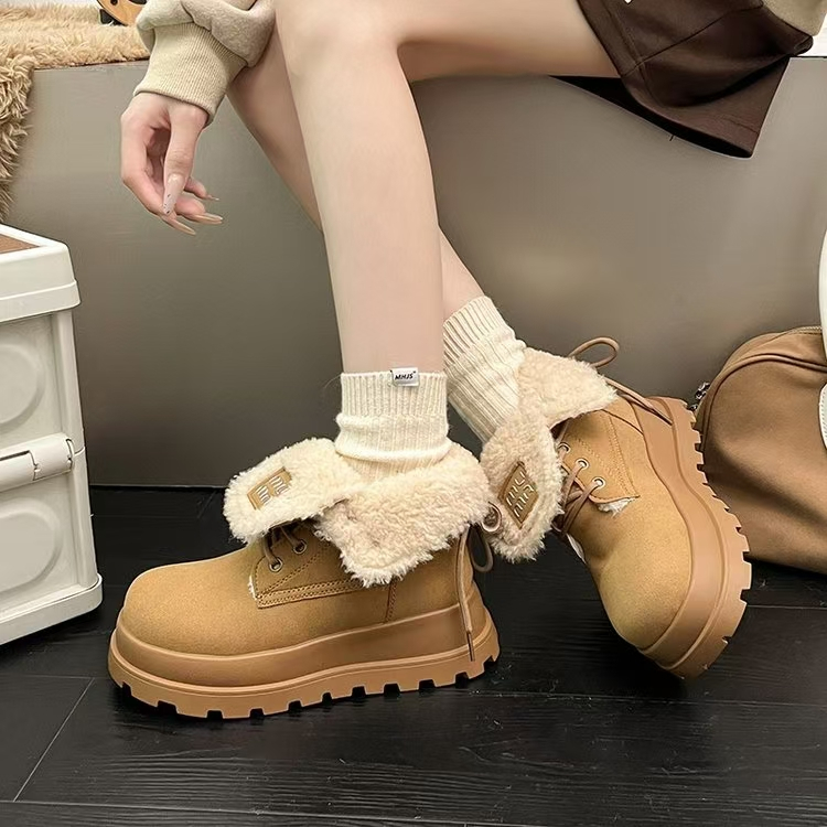 สุภาพสตรีรองเท้าบู๊ตหิมะฤดูหนาวสไตล์ใหม่แฟชั่นall-match Retroส้นหนาหนาSoled Martin Bootsสไตล์อังกฤษซับขนแกะWarm Mid-Tu