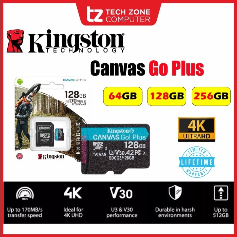 การ์ด Micro SD ของ Kingston Canvas Go Plus พร้อมอะแดปเตอร์ (64GB/128GB/256GB) Class10 UHS-I U3 V30 A2