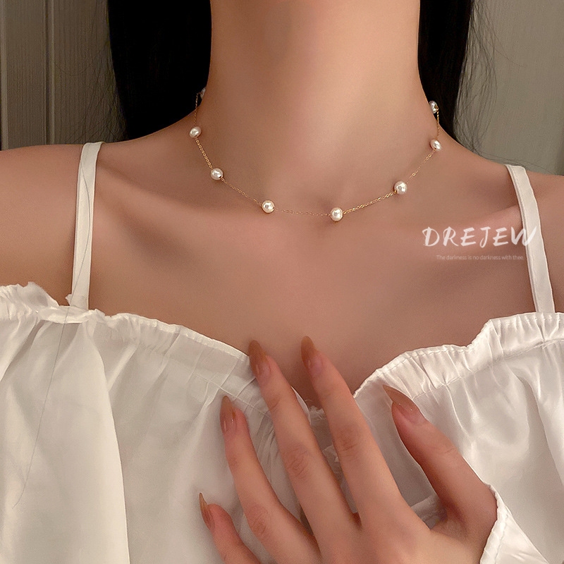 DREJEW เดรช ชุบทองแท้เกาหลีเรียบง่ายอินเทรนด์สร้อยคอมุกน้ําจืดไหปลาร้าโซ่คอสร้อยคอ