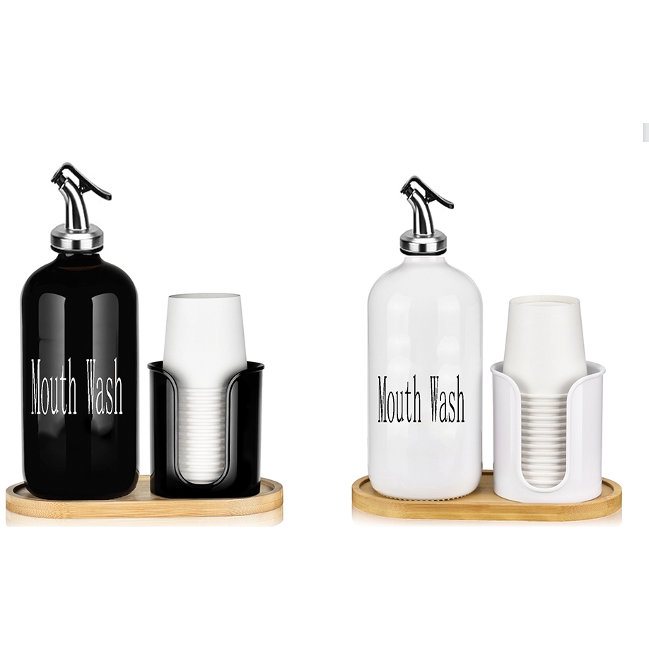 เครื่องจ่ายน้ํายาบ้วนปากรีฟิลขนาด 500 มล. สําหรับห้องน้ํา ขวดปั๊มน้ํายาบ้วนปากคอนเทนเนอร์พร้อมฝาปิดไม้ไผ่/ถาด/ฉลาก