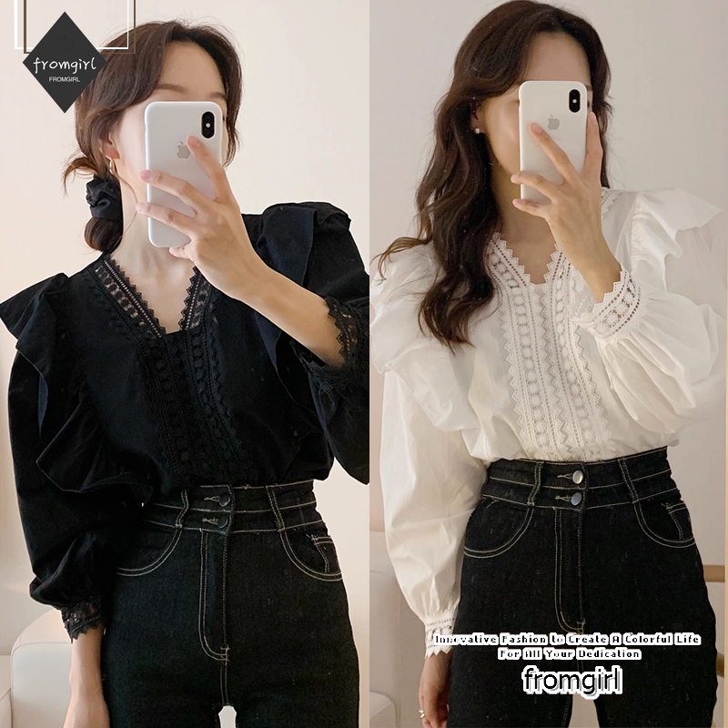 เสื้อเชิ้ตแขนยาว คอวี พิมพ์ลายลูกไม้ แฟชั่นบอททอม สไตล์เกาหลี สําหรับผู้หญิง