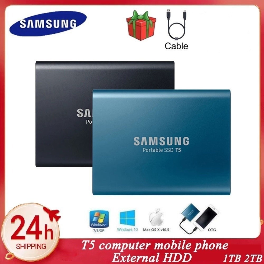 Samsung T5 256GB 512GB 1TB 128TB Solid External SSD ไดรฟ์ HD ฮาร์ดไดรฟ์แบบพกพาเหมาะสําหรับเดสก์ท็อป