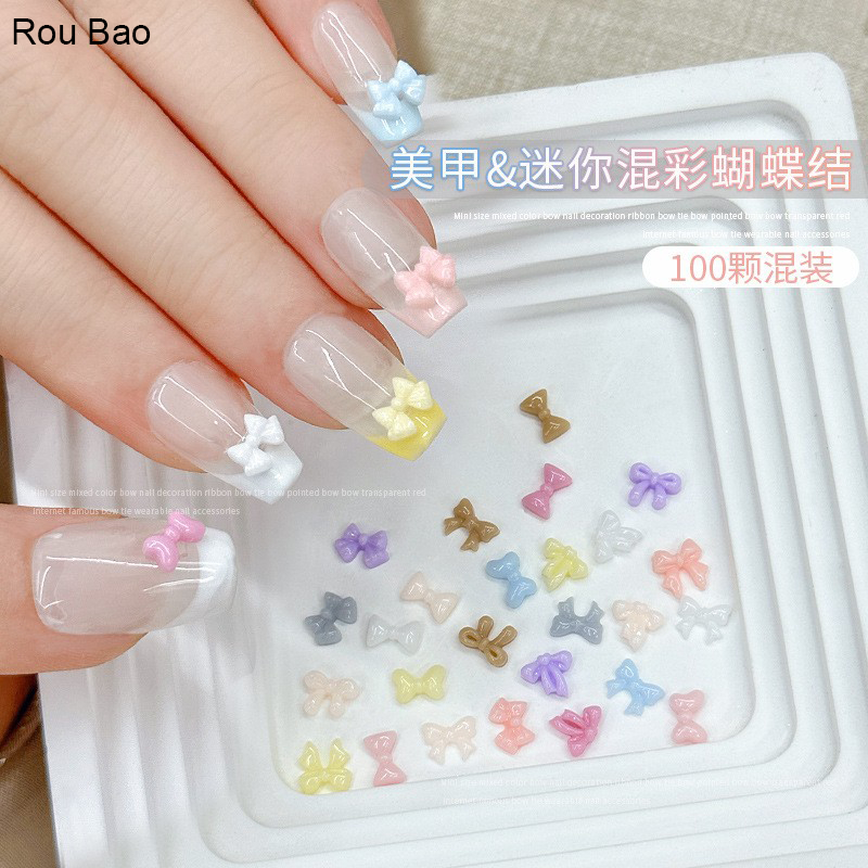 Rou Bao 100 ชิ้นเล็บ Mini Mix โบว์ต่างๆสีสัน Girly เรซิ่นเล็บ Art DIY Charms ตกแต่ง