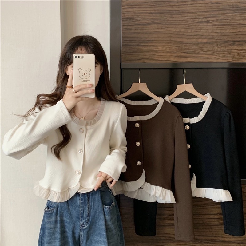 เสื้อแขนยาว ผ้าถัก ติดกระดุม แฟชั่นสไตล์เกาหลีเรโทร สําหรับผู้หญิง