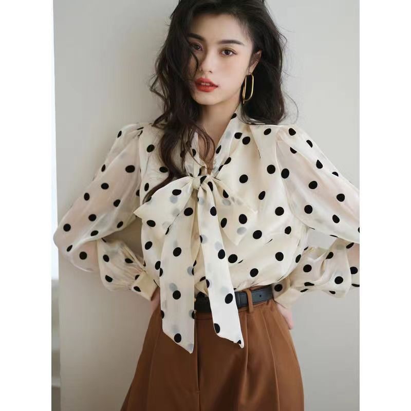 Mili Retro Dress ฝรั่งเศส Elegant Polka Dot Bow เสื้อสไตล์ฮ่องกง Vintage แขนยาวชีฟอง Organza Stiff