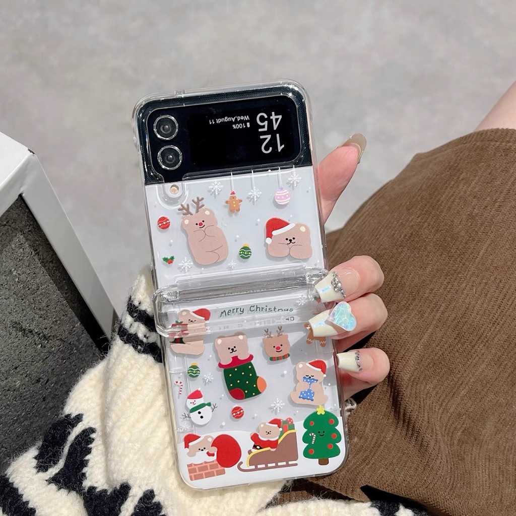 SAMSUNG คริสต์มาสลายหมีน่ารักเคสโทรศัพท์สําหรับ ซัมซุง กาแลคซี Z พลิก 4 5 3 6 บางเฉียบกันกระแทกเคสป้องกันเต็มรูปแบบสําหรับ ซฟลิป6