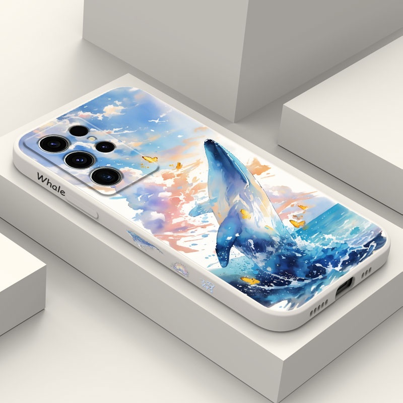 เคสโทรศัพท์ปลาวาฬสีสันสดใสสําหรับ Samsung Galaxy S25 S24 S23 S22 FE Ultra Plus 5G ซิลิโคนเหลวด้านข้างรูปแบบฝาครอบ