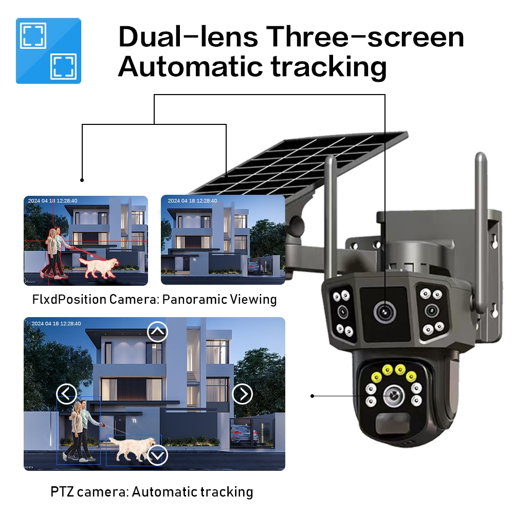 LLSEE V380 4G-WIFI 12MP กล้อง 6K 18LED แบตเตอรี่พลังงานแสงอาทิตย์แบบไร้สาย 12 ล้านพิกเซลกล้องเลนส์คู่