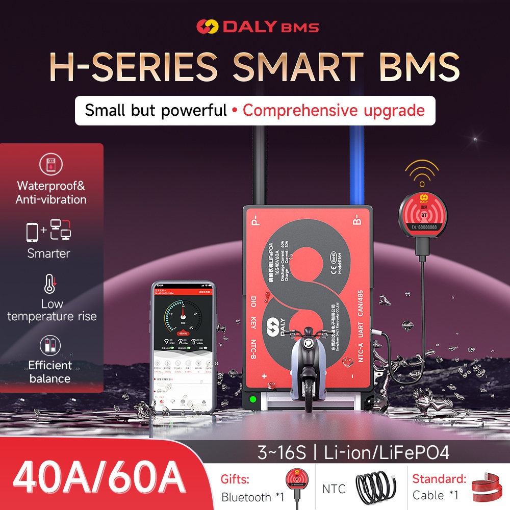 Daly สมาร์ท BMS Lifepo4 แบตเตอรี่ 4s 12v 40A 60A UART/CAN/RS485 BMS พร้อมโมดูล BT และเซ็นเซอร์ NTC ก