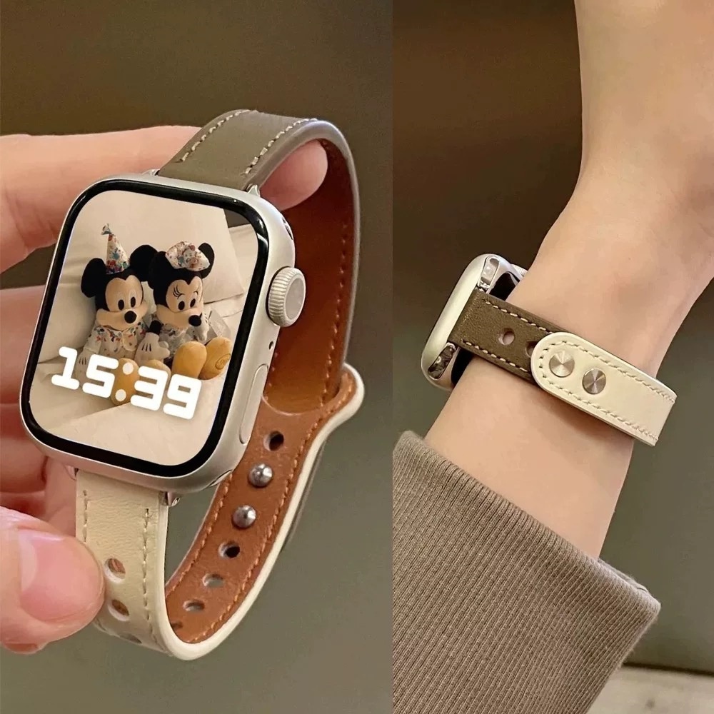 สีคู่ขนาดเล็ก Slim หนังสายนาฬิกาสําหรับ Apple Watch S10/9/8/7/6/5/4/3/2/1 SE2 ULTRA2 ผู้หญิงหรูหราสร้อยข้อมือสําหรับ iWatch 49 มม.46 มม.45 มม.44 42 41 40 38 ใหม่
