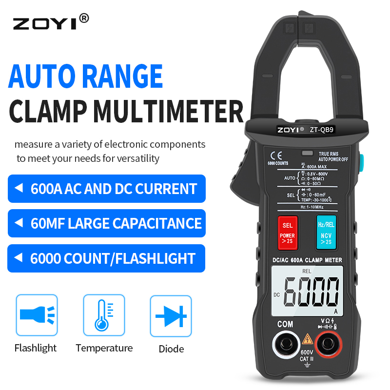 Zoyi ZT-QB9 600A DC Clamp Meter True RMS Auto-Ranging 6000 นับเมตร Inrush Current Capacitance อุณหภูมิ Live Check แรงดันไฟฟ้าเครื่องทดสอบ