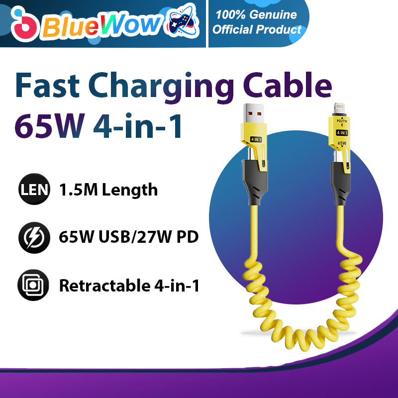 Bluewow 4-in-1 สายชาร์จเร็ว 65W, คอยล์ USB to Type C สําหรับ iP 16 Pro/16/15Plus, 1.5M Retractable Type C สายชาร์จในรถยนต์, USB C Android Auto Carplay สําหรับ Samsung
