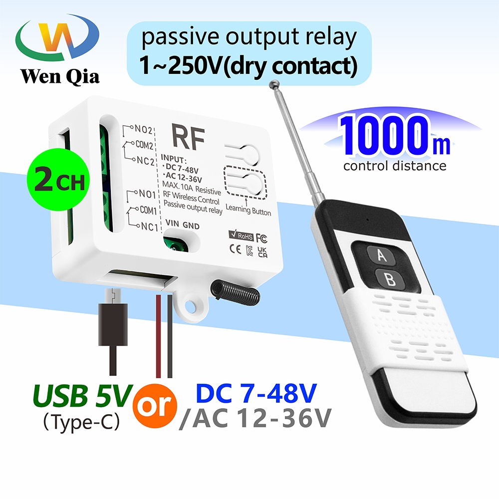 Universal รีโมทคอนโทรลไร้สายสวิทช์ 433MHz 2 CH,Type-C 5V DC 12V 24V 36V 48V รีเลย์โมดูล,สําหรับ LED/พัดลม/มอเตอร์/โรงรถประตูฯลฯ