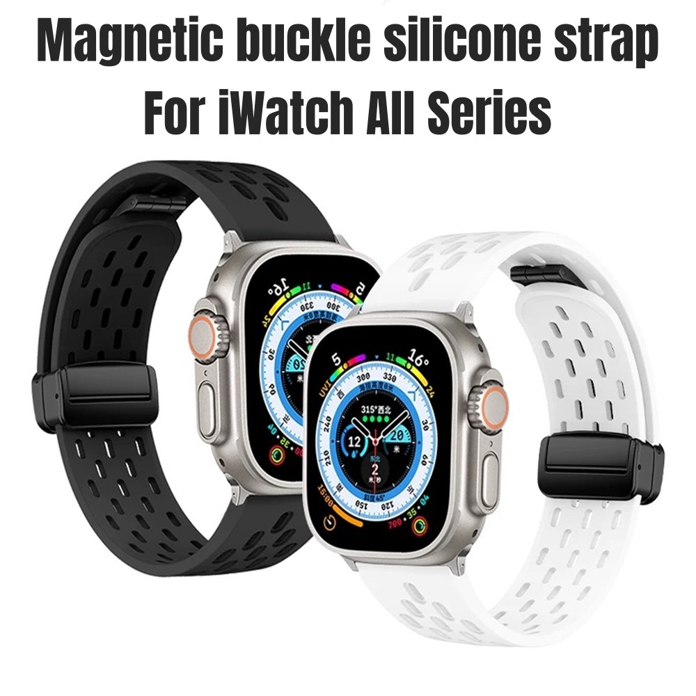 หัวเข็มขัดแม่เหล็กกีฬาสายนาฬิกาซิลิโคนสําหรับ Apple Watch S10//9/8/7/6/5/4 SE2 ULTRA2 breathable ผู้ชายผู้หญิงเปลี่ยนสร้อยข้อมือสําหรับ iWatch 49 มม.46 มม.45 มม.44 42 41 40 38