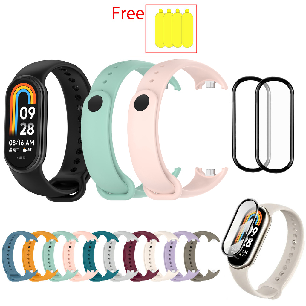 Xiaomi MiBand 8 9 2 in 1 สายซิลิโคนสําหรับ Mi Band 8 9 Soft PMMA TPU กันน้ําพร้อมตัวป้องกันหน้าจอคลุมทั้งหมดฟิล์มกีฬาวงสายรัดข้อมือแฟชั่น