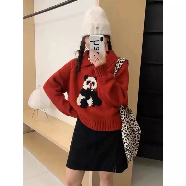 Zhu Xia เสื้อกันหนาวผู้หญิงคริสต์มาสสีแดงเสื้อโปโลหมีเย็บปักถักร้อย Idle สไตล์เสื้อถัก Top